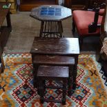 An Edwardian bamboo and tile-top plant side, and a rectangular oak nest of 3 tables (3)
