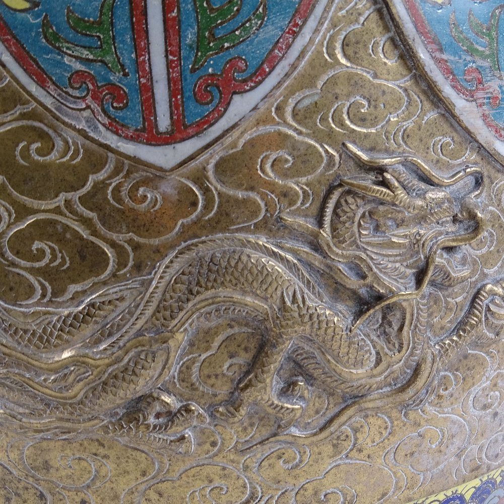A large Chinese cloisonne enamel brass jardiniere, relief dragon decoration, height 31cm, diameter - Image 2 of 2