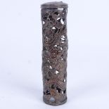 A Chinese unmarked silver scroll holder, with embossed pierced scrolled dragon decoration, length