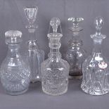 5 various Antique cut-glass decanters and stoppers, tallest 33cm, and an enamel Port label