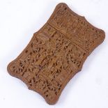 A 19th century Chinese Canton sandalwood card case, relief carved village decoration, length 10.5cm