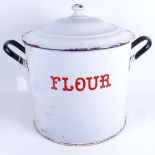 A large Vintage white and blue enamel kitchen flour storage container, height 35cm, width