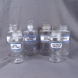 6 various glass Chemist's bottles, 5 with stoppers, with labels