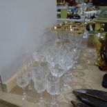 Various glassware, including a set of gold rimmed drinking glasses, decanter and stopper, Brandy