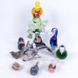 A glass clown, 26cm, a glass dolphin, and various birds, and an egg