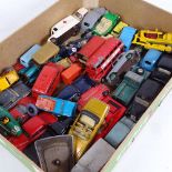 A box of diecast toy vehicles, including Dinky and Corgi