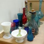 Various glassware, including green wine flagon, rolling pin, milk glass goblet and bowl, decanters