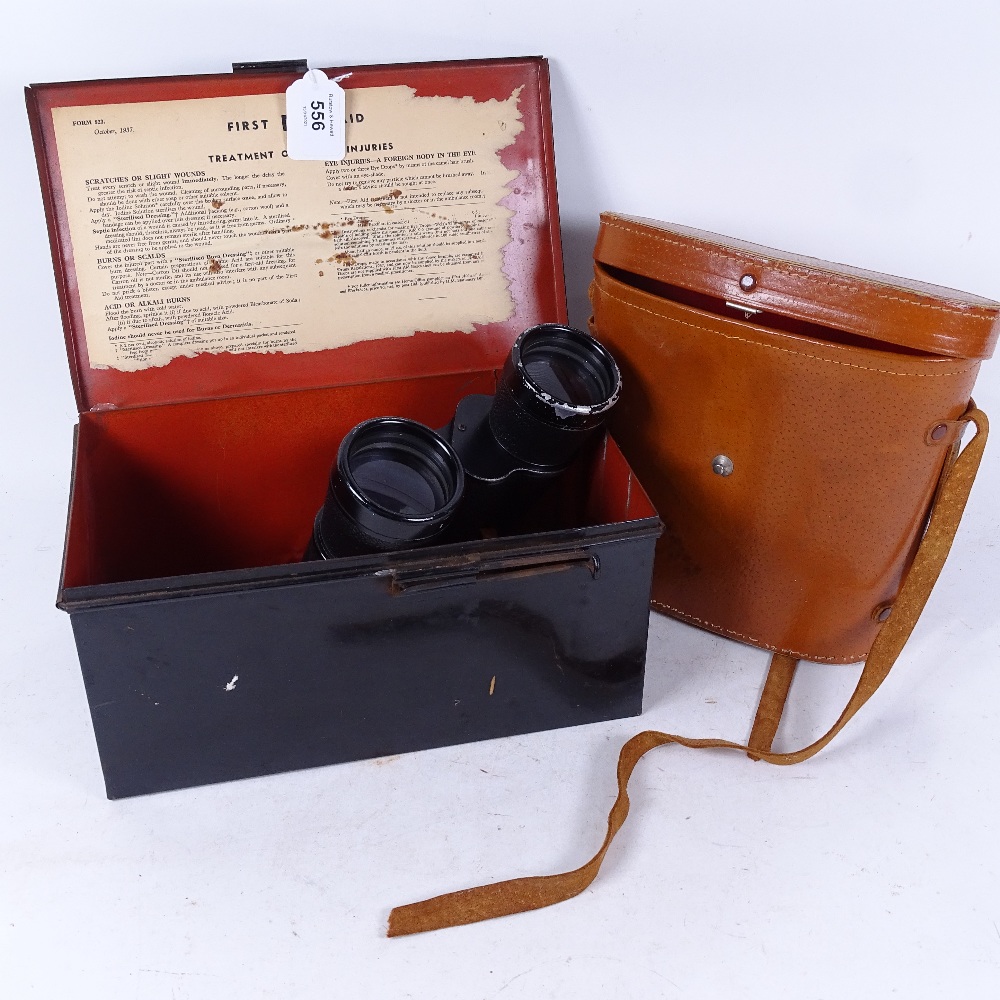 A pair of Fernland 16x50 field binoculars, serial no. 22764, cased, and a black painted tin empty