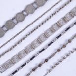 7 various silver bracelets, to include rope twist, Greek Key, and coin set