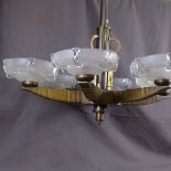 A large French Art Deco brass and chrome 6-branch chandelier, with frosted and clear glass shades,