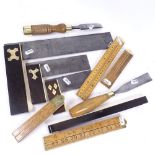 A group of well polished Antique tools, including forged steel chisels, Preston & Sons spirit level,