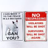 2 tin signs, No Trespassing, and another with an English Bull Terrier, height 40cm