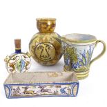A group of Majolica pottery, including Italian Certosa Di Firenze flask, jug etc, largest height