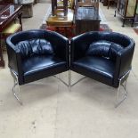 A pair of contemporary designer black leather and chrome tub lounge chairs