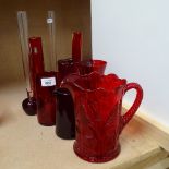 Whitefriars and other ruby glass vases, and a moulded glass jug, height 17cm