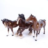 3 ceramic horse figures, including Royal Doulton Shire horse, and 2 Beswick horses, largest length