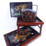 A group of Oriental items, including hardwood and lacquer tray tops, porcelain-topped lacquer food