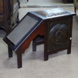 An American Arts and Crafts Moccasin Agency shoe fitting stool in oak, the sides with two repousse