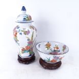 Heinrich Porcelain bowl in Lai Wah pattern on carved wood stand, and matching jar and cover on