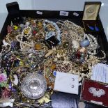 A tray of mixed costume jewellery, to include stone set brooches, Wedgwood and cameo brooches, pearl