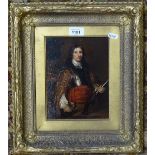 An Antique oil on panel, a 17th century figure with musket, gilt-gesso framed, 40cm x 34cm