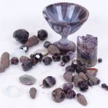 Various gemstone specimens, including rhombic dodecahedron garnet, twinned garnet crystals, amethyst