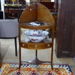 An Antique satinwood-strung mahogany corner washstand, with jug and bowl