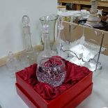 An engraved glass decanter and stopper, and 3 others, an Art Deco chrome and glass cake stand, a