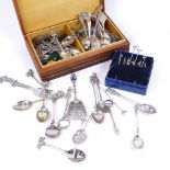 Various silver plated souvenir spoons, some Continental silver teaspoons, silver cocktail sticks etc
