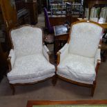 2 similar carved and stained beech-framed upholstered arm chairs