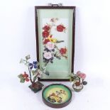 2 jadeite floral displays, tallest 18cm, and 2 cased stone and shell displays depicting birds and