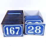 2 boxfuls of enamel blue and white street numbers/hotel room numbers, 15cm x 10cm
