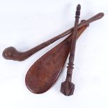 A Maori carved wood Patu club, 38cm, an African knobkerry and another club, (3)
