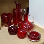 Whitefriars ruby glass vases and jugs, tallest jug 26cm, and a paperweight