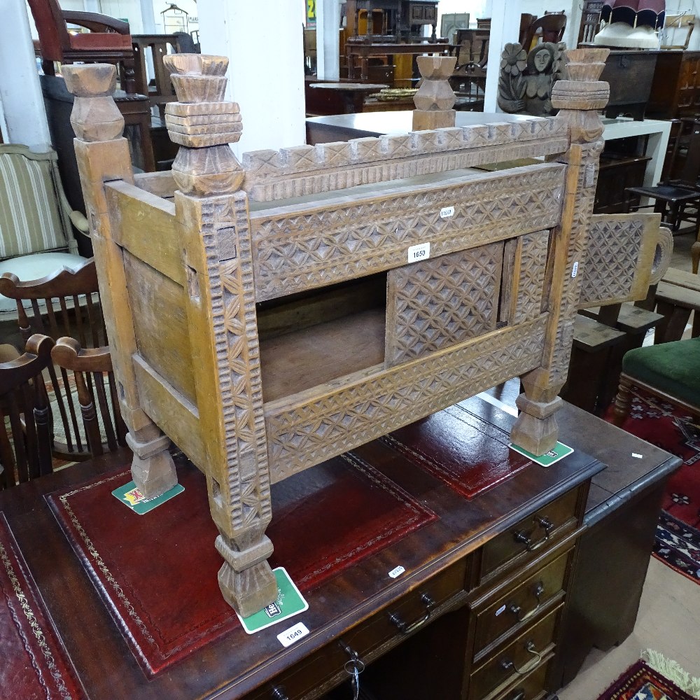 A small hardwood Korean design marriage chest, with relief carved decoration, W70cm, H68cm, D36cm - Image 2 of 2