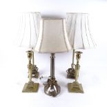 A pair of 19th century brass candlesticks, and 3 modern table lamps, largest overall height 50cm (5)