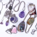 A collection of amethyst, mother-of-pearl and polished stone set silver pendants and necklaces