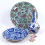 A group of Chinese ceramics, including celadon glaze plate, blue and white plate, and narrow-neck