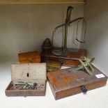 Various Antique travelling scales and weights, tallest 34cm, wooden-cased sets of brass weights etc