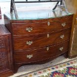 A 19th century mahogany and satinwood-strung bow-front chest of 3 long drawers, on bracket feet,