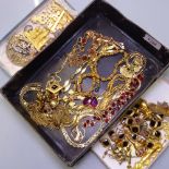 3 boxes of gilt-metal costume jewellery, to include tassel clip-on earrings, agate panel bracelet,