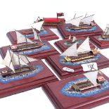 A group of handmade miniature model ships on stands, largest base length 15cm (9)