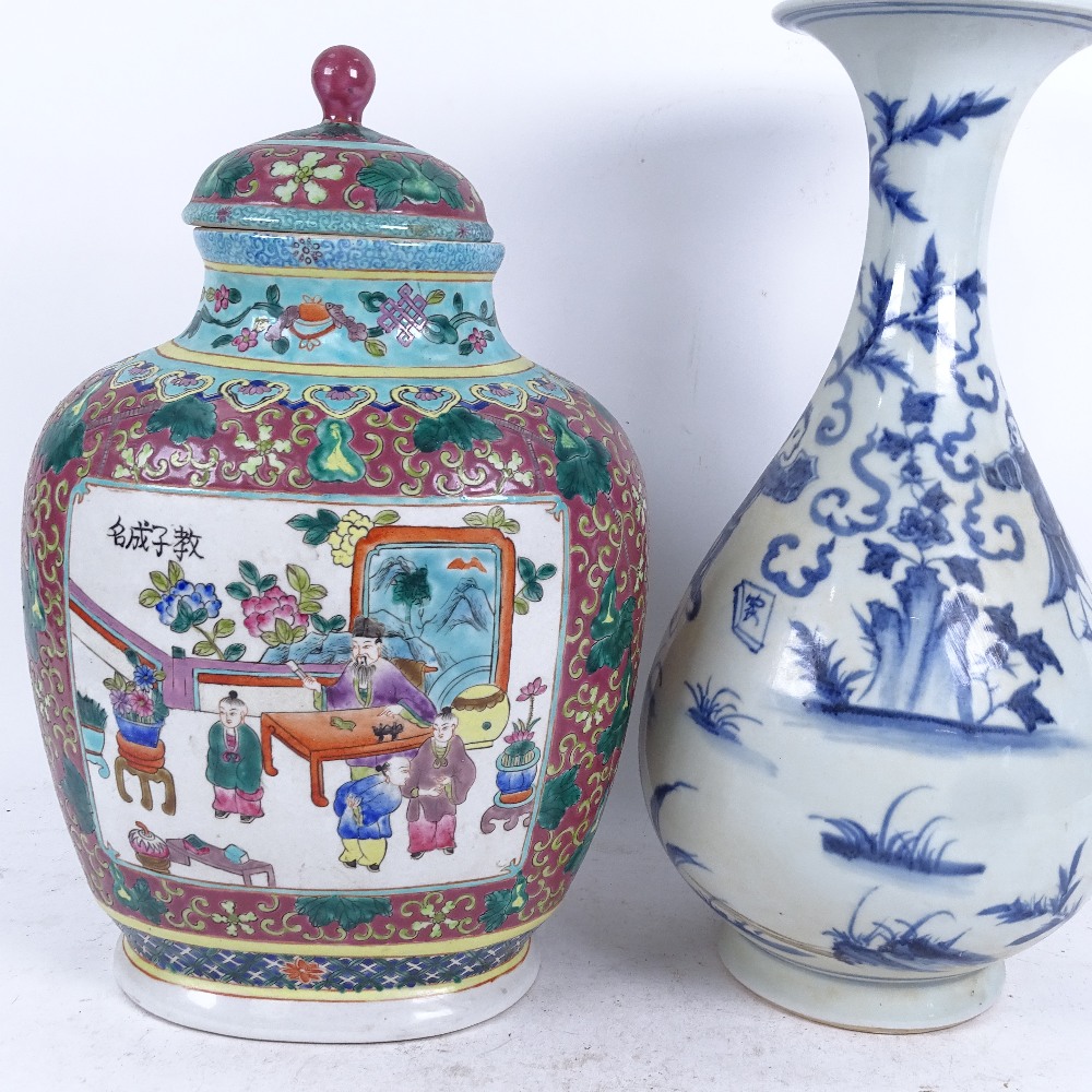 A Chinese blue and white narrow-neck vase, and a famille vert jar and cover, largest height 36cm (2) - Image 2 of 2