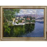 Antonio Sannino, oil on canvas, Mediterranean scene, village by a river, gilt-framed, 83cm x 102cm