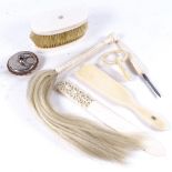 Various ivory items, including fly swish, baby's teething ring, paper knife etc