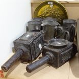 A group of 18th century pewter quart and pint tankards, and an embossed brass tray, and 2 Vintage