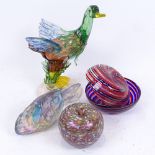 A Murano polychrome glass duck figure, Isle of Wight iridescent glass fish paperweight, 2 Venetian