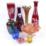 A Continental ruby overlay bottle vase, 32.5cm, and 2 others, a carnival glass vase and bowl etc
