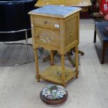 A satin-walnut marble-top bedside pot cupboard, and an upholstered footstool