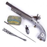 A replica Scottish steel flintlock pistol, engraved barrel, overall length 33cm, dismantled but